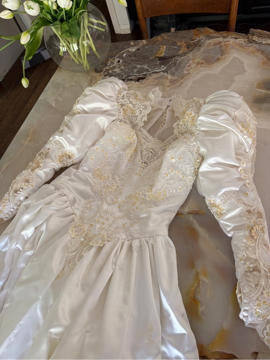 Vintage Dresses & Skirts - Vintage Satin Bridal Gown with Gold Lace Appliqué